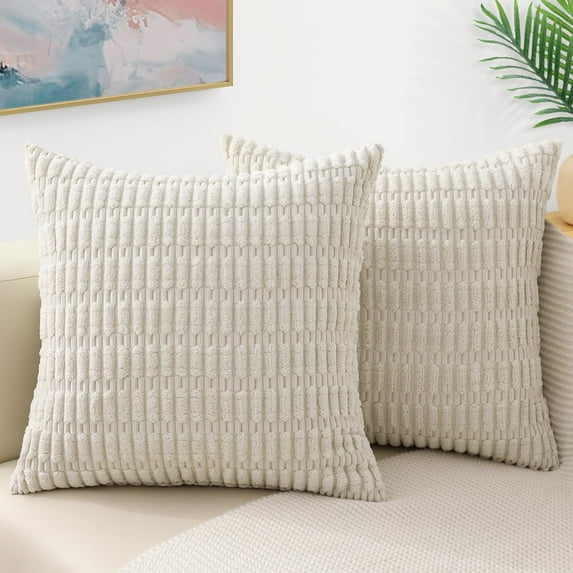 decorUhome Pack of 2 Decorative Throw Pillow Covers 20x20, Soft Corduroy Striped Couch Pillow Covers, Boho Modern Farmhouse Home Decor, Cream White