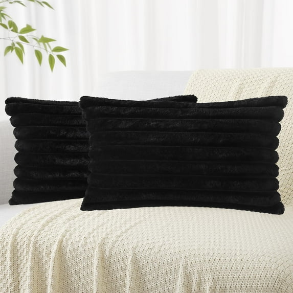 decorUhome Pack of 2 Faux Fur Plush Throw Pillow Covers 12x20, Soft Fluffy Striped Decorative Couch Pillow Covers , Black