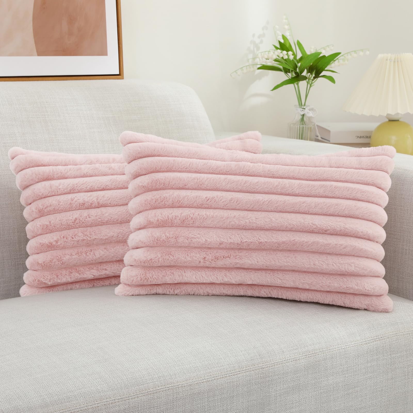 decorUhome Pack of 2 Faux Fur Plush Throw Pillow Covers 12x20, Soft Fluffy Striped Decorative Couch Pillow Covers , Blush Pink