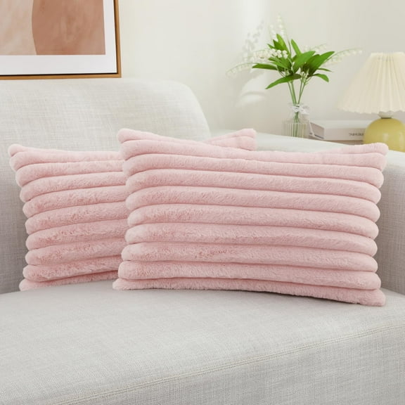 decorUhome Pack of 2 Faux Fur Plush Throw Pillow Covers 12x20, Soft Fluffy Striped Decorative Couch Pillow Covers , Blush Pink