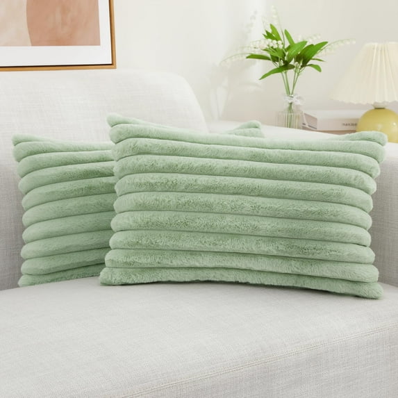 decorUhome Pack of 2 Faux Fur Plush Throw Pillow Covers 12x20, Soft Fluffy Striped Decorative Couch Pillow Covers , Sage Green