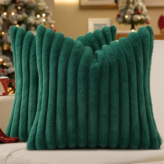 decorUhome Pack of 2 Faux Fur Plush Throw Pillow Covers 16x16, Soft Fluffy Striped Decorative Couch Pillow Covers , Christmas Green