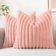 decorUhome Pack of 2 Faux Fur Plush Throw Pillow Covers 16x16, Soft Fluffy Striped Decorative Couch Pillow Covers , Light Pink