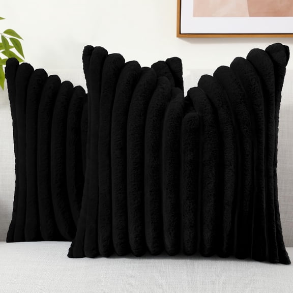 decorUhome Pack of 2 Faux Fur Plush Throw Pillow Covers 18x18, Soft Fluffy Striped Decorative Couch Pillow Covers , Black
