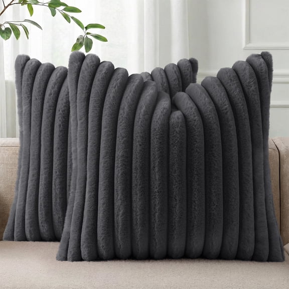 decorUhome Pack of 2 Faux Fur Plush Throw Pillow Covers 18x18, Soft Fluffy Striped Decorative Couch Pillow Covers , Dark Grey