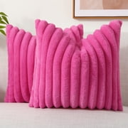 decorUhome Pack of 2 Faux Fur Plush Throw Pillow Covers 18x18, Soft Fluffy Striped Decorative Couch Pillow Covers , Hot Pink