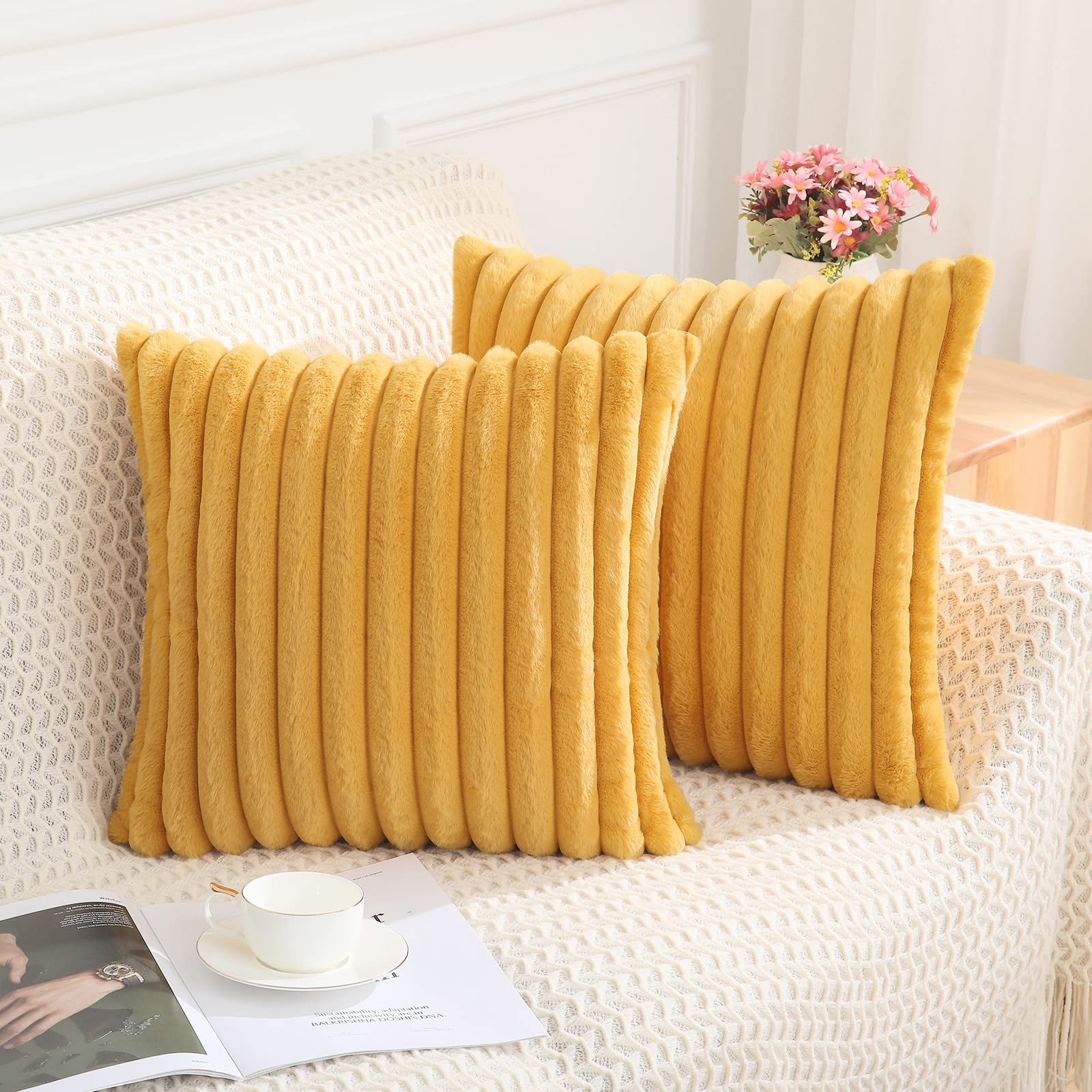 decorUhome Pack of 2 Faux Fur Plush Throw Pillow Covers 18x18, Soft ...