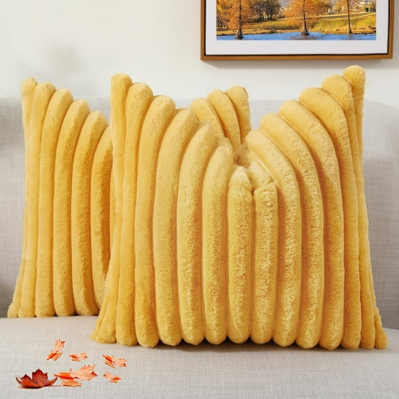 decorUhome Pack of 2 Faux Fur Plush Throw Pillow Covers 18x18, Soft Fluffy Striped Decorative Couch Pillow Covers , Mustard Yellow