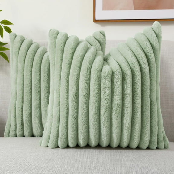 decorUhome Pack of 2 Faux Fur Plush Throw Pillow Covers 18x18, Soft Fluffy Striped Decorative Couch Pillow Covers , Sage Green
