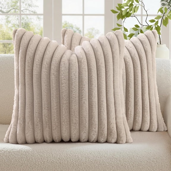 decorUhome Pack of 2 Faux Fur Plush Throw Pillow Covers 18x18, Soft Fluffy Striped Decorative Couch Pillow Covers , Tan