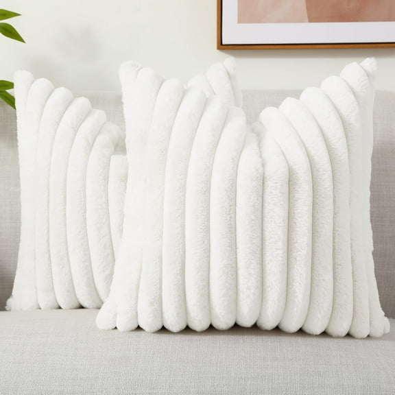 decorUhome Pack of 2 Faux Fur Plush Throw Pillow Covers 18x18, Soft Fluffy Striped Decorative Couch Pillow Covers , White