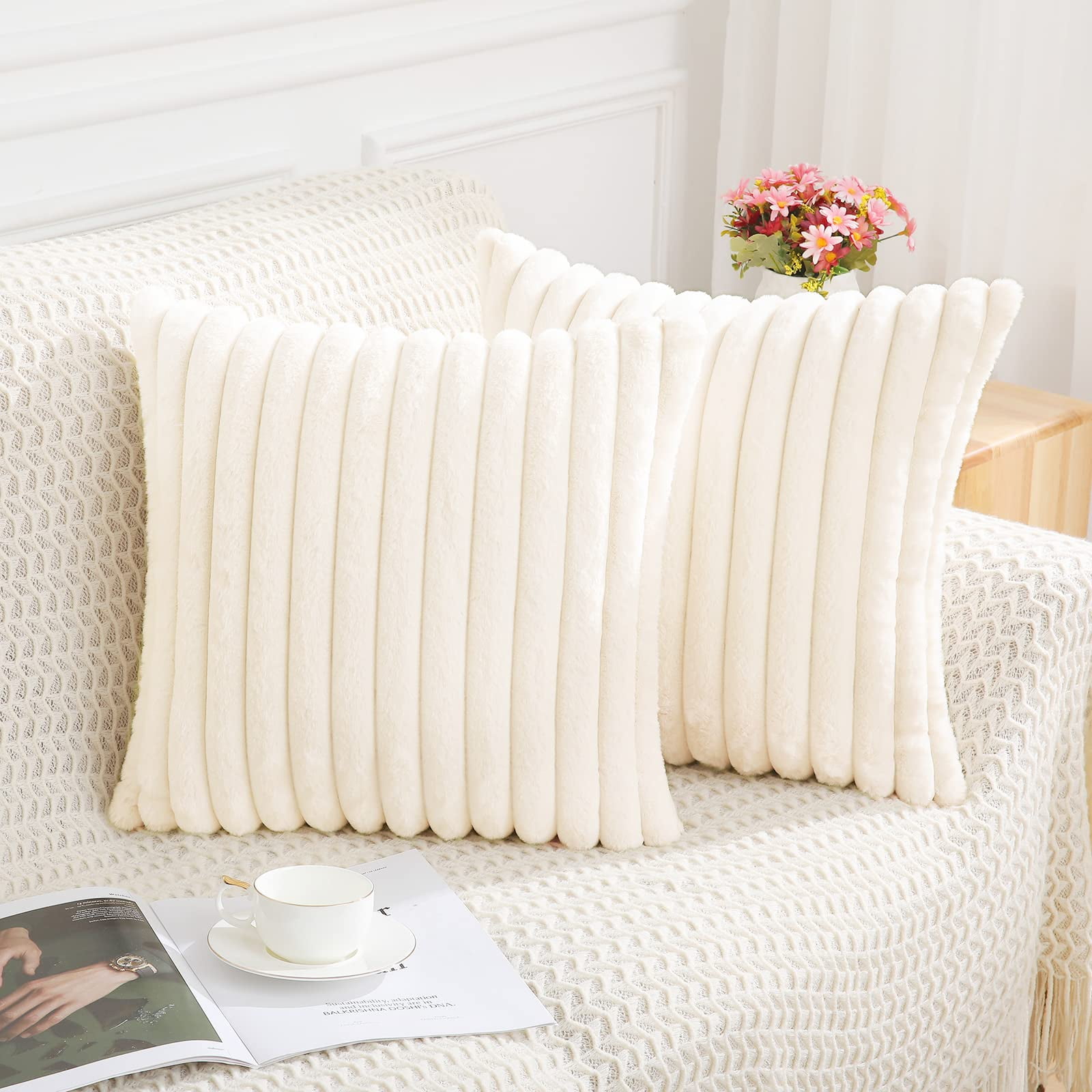 HAUSSY Faux Fur Throw Pillow Covers 20x20 Inch, Set Of 2 - Soft Plush Striped Covers For Sofa & Bed (Black)