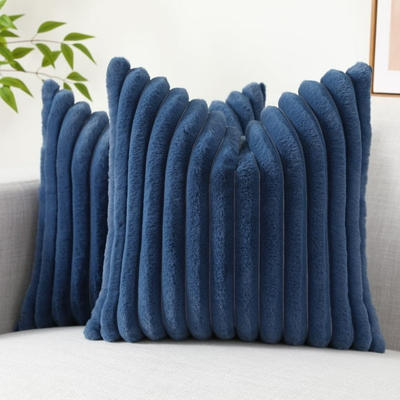decorUhome Pack of 2 Faux Fur Plush Throw Pillow Covers 20x20, Soft Fluffy Striped Decorative Couch Pillow Covers , Navy Blue