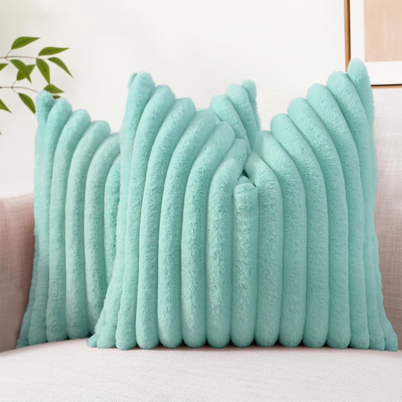 decorUhome Pack of 2 Faux Fur Plush Throw Pillow Covers 20x20, Soft Fluffy Striped Decorative Couch Pillow Covers , Teal