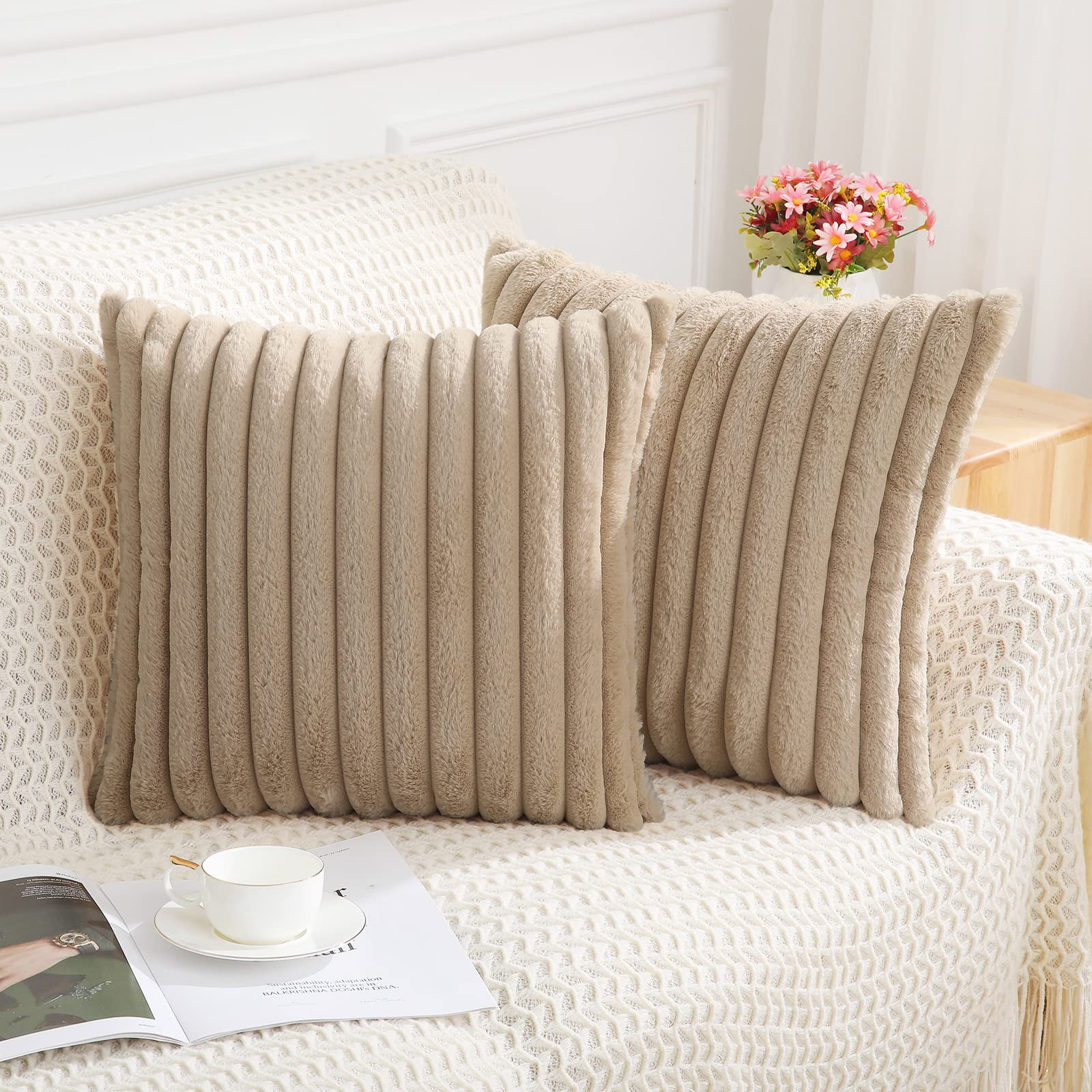 decorUhome Pack of 2 Faux Fur Plush Throw Pillow Covers 22x22 Soft Fluffy Striped Decorative Couch Pillow Covers Khaki Walmart