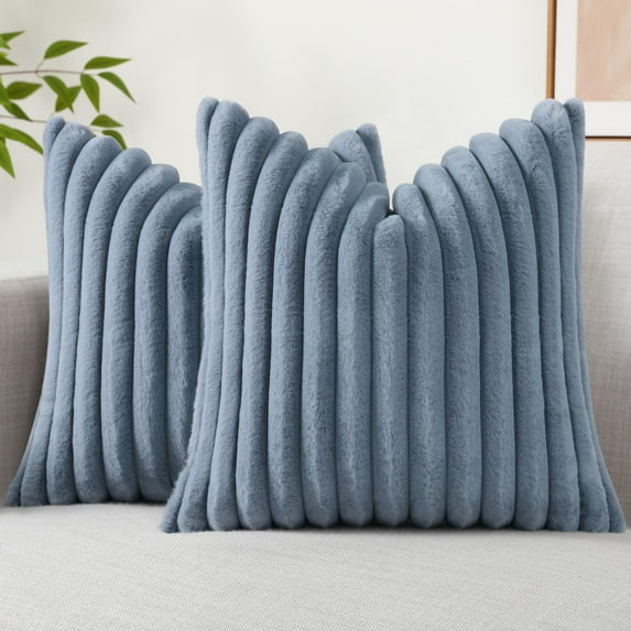 decorUhome Pack of 2 Faux Fur Plush Throw Pillow Covers 24x24, Soft Fluffy Striped Decorative Couch Pillow Covers , Grey Blue