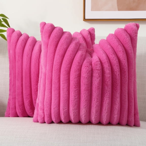 decorUhome Pack of 2 Faux Fur Plush Throw Pillow Covers 24x24, Soft Fluffy Striped Decorative Couch Pillow Covers , Hot Pink