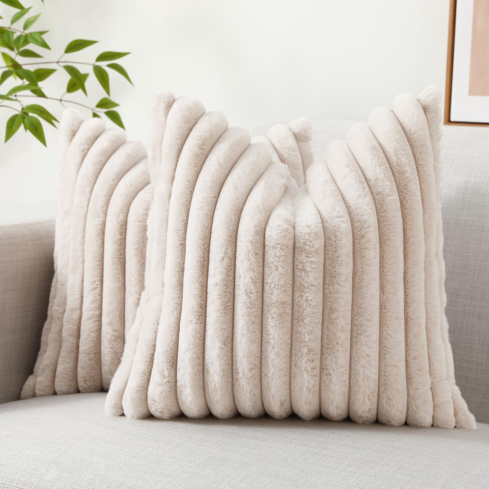 decorUhome Pack of 2 Faux Fur Plush Throw Pillow Covers 26x26, Soft Fluffy Striped Decorative Couch Pillow Covers , Beige