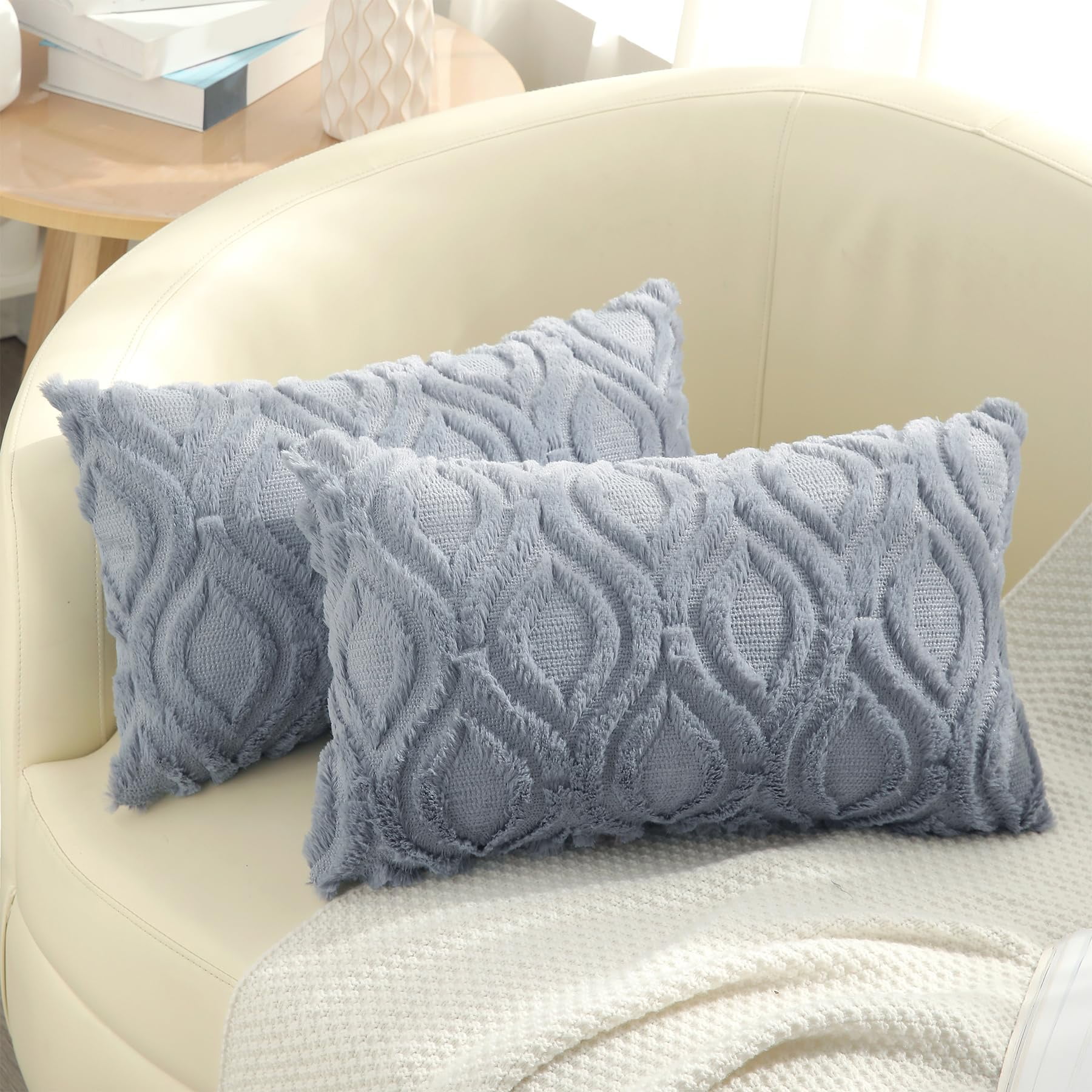 decorUhome Pack of 2 Throw Pillow Covers 12x20, Soft Plush Faux Wool Couch Pillow Covers, Blue Grey (Pillow Cover Only, No Inserts Included)