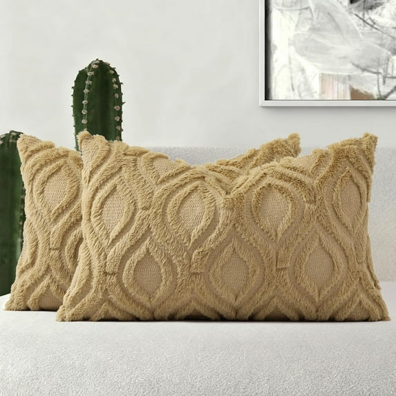 decorUhome Pack of 2 Throw Pillow Covers 12x20, Soft Plush Faux Wool Couch Pillow Covers, Khaki (Pillow Cover Only, No Inserts Included)