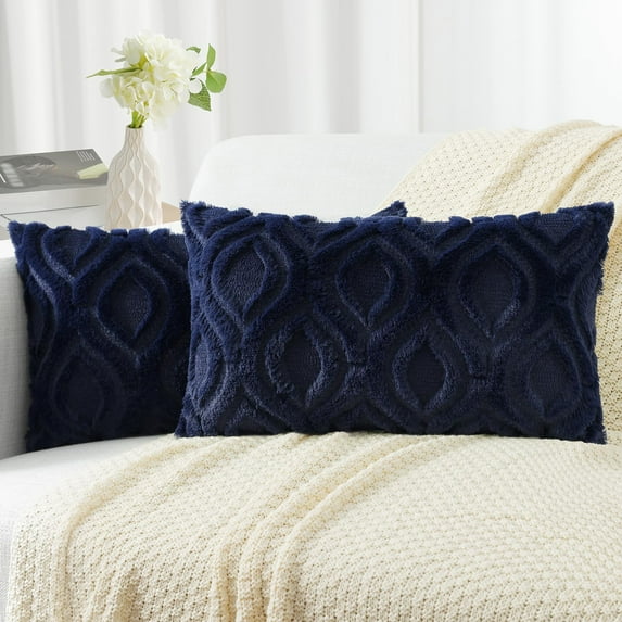 decorUhome Pack of 2 Throw Pillow Covers 12x20, Soft Plush Faux Wool Couch Pillow Covers, Navy Blue (Pillow Cover Only, No Inserts Included)