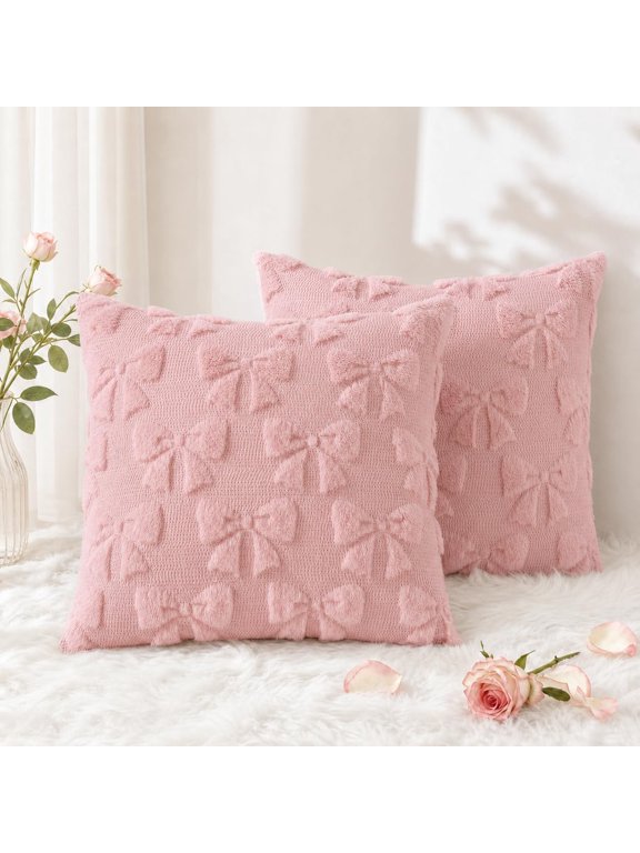 Pack of 2 Throw Pillow Covers 16x16, Soft Plush Faux Wool Couch Pillow Covers, Pink Bow (Pillow Cover Only, No Inserts Included)