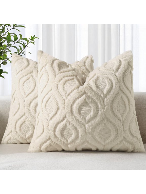 Pack of 2 Throw Pillow Covers 18x18, Soft Plush Faux Wool Couch Pillow Covers, Beige (Pillow Cover Only, No Inserts Included)