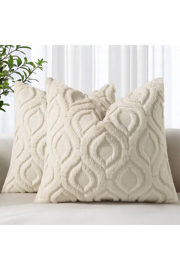 Pack of 2 Throw Pillow Covers 18x18, Soft Plush Faux Wool Couch Pillow Covers, Beige (Pillow Cover Only, No Inserts Included)