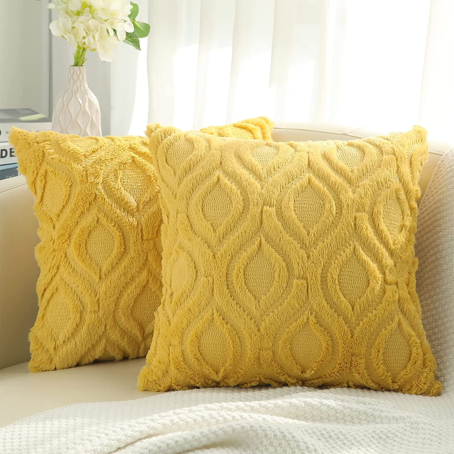 decorUhome 2 Pack Velvet Faux Fur Reversible Pillow Covers 18x18 Soft Mustard Yellow Inserts Not Included Walmart