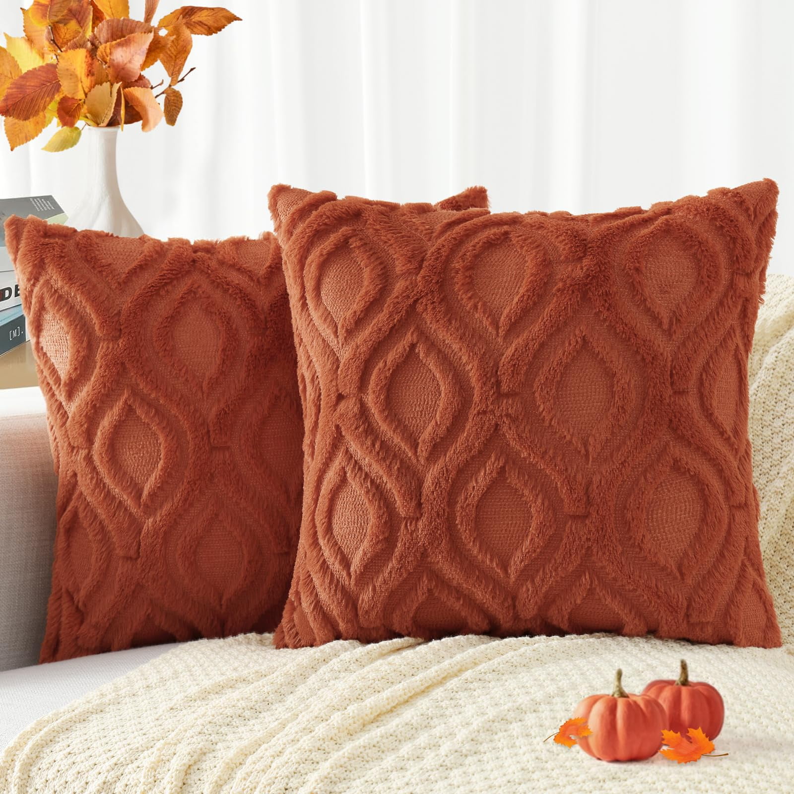 decorUhome Pack of 2 Throw Pillow Covers 18x18, Soft Plush Faux Wool Couch Pillow Covers, Rust (Pillow Cover Only, No Inserts Included)