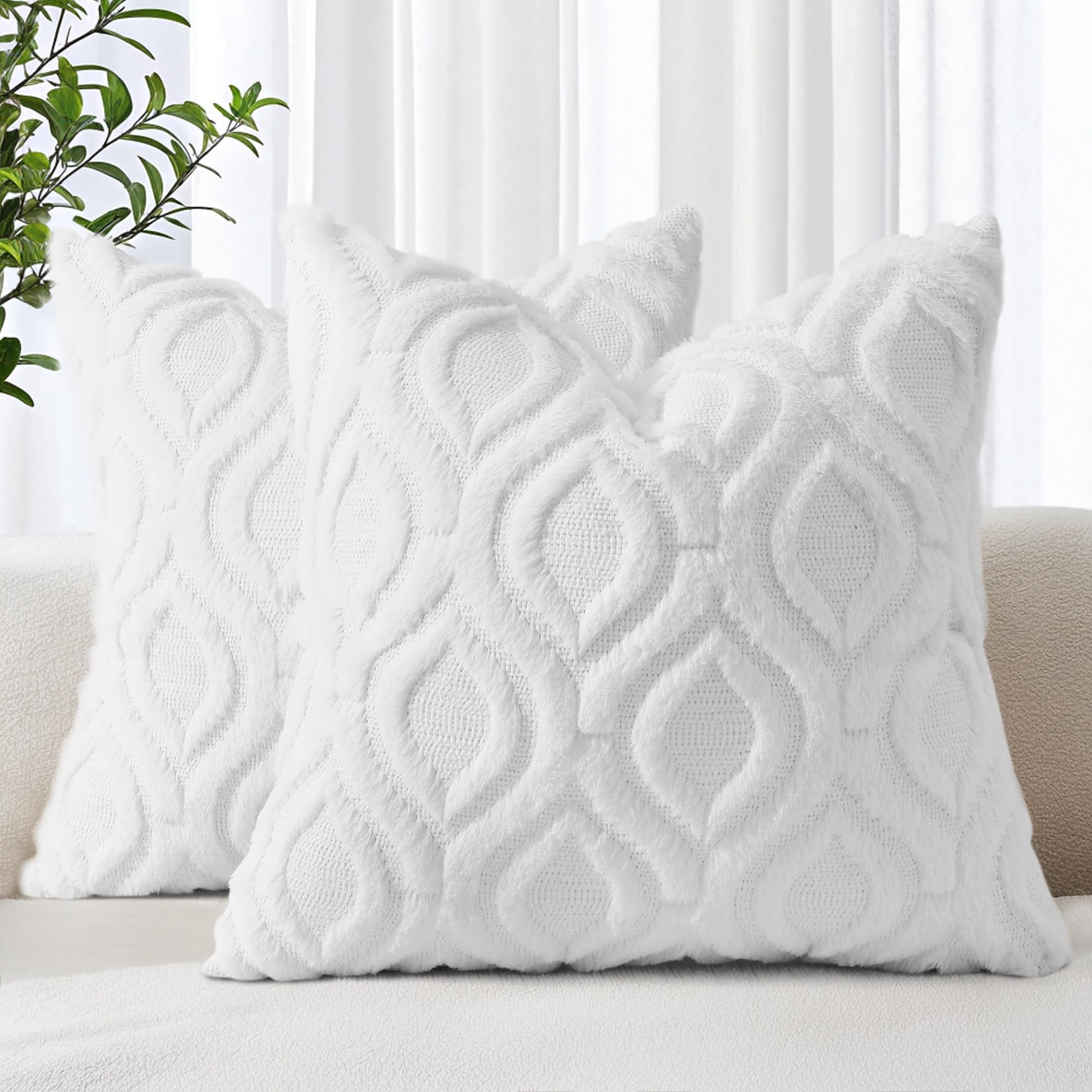 decorUhome Pack of 2 Throw Pillow Covers 18x18, Soft Plush Faux Wool Couch Pillow Covers, White (Pillow Cover Only, No Inserts Included)