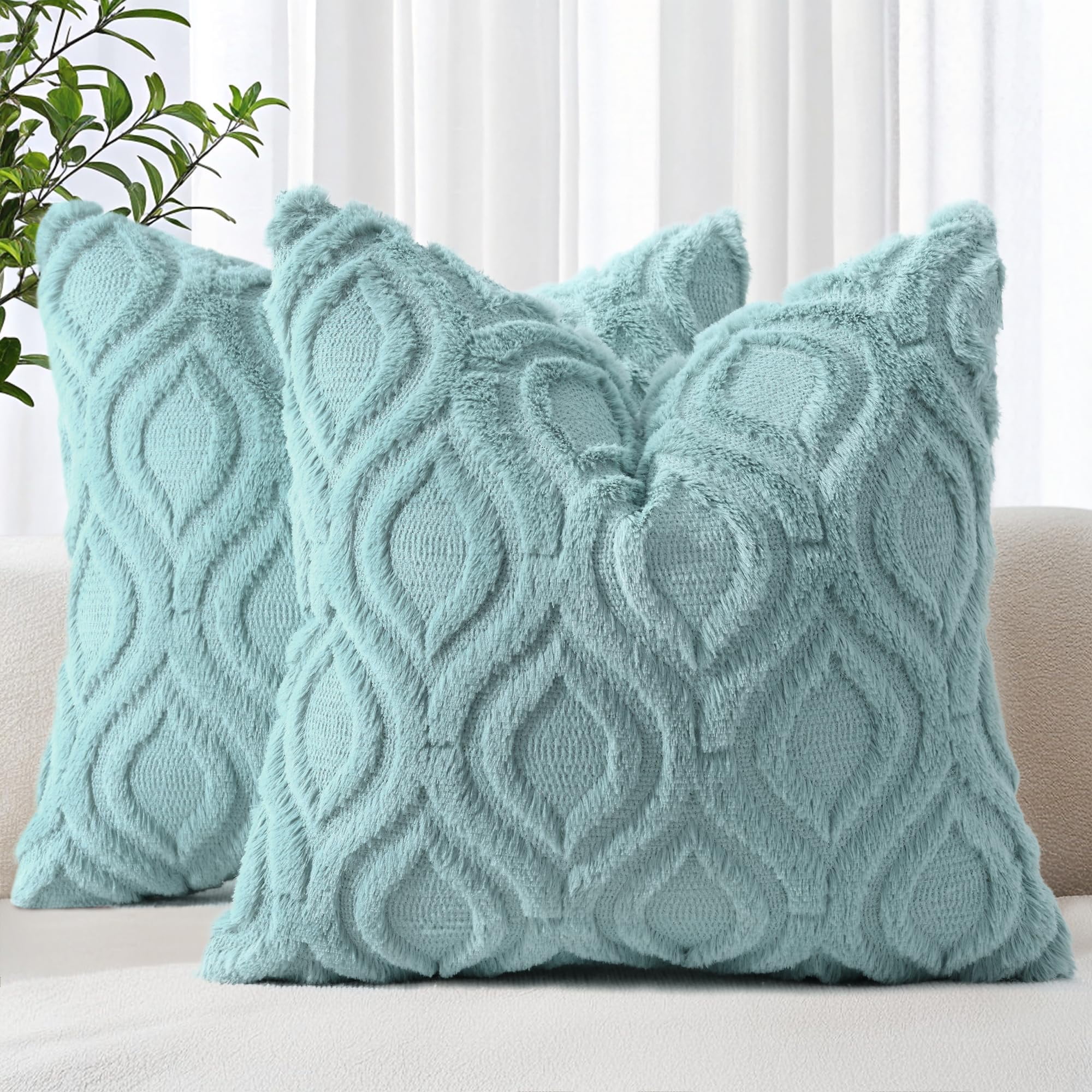 decorUhome Pack of 2 Throw Pillow Covers 22x22, Soft Plush Faux Wool Couch Pillow Covers, Aqua (Pillow Cover Only, No Inserts Included)