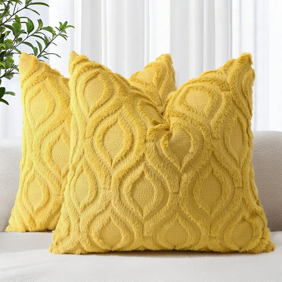 decorUhome Pack of 2 Throw Pillow Covers 22x22, Soft Plush Faux Wool Couch Pillow Covers, Mustard Yellow (Pillow Cover Only, No Inserts Included)