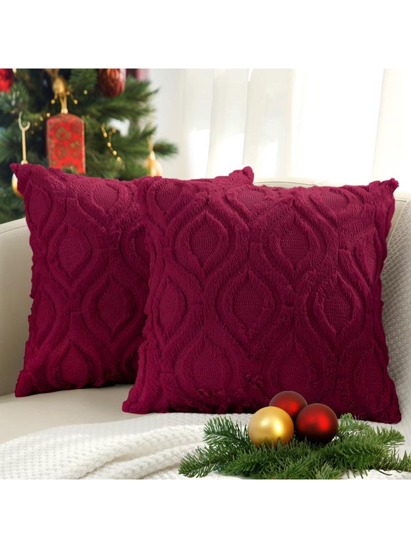 Pack of 2 Throw Pillow Covers 24x24, Soft Plush Faux Wool Couch Pillow Covers, Burgundy (Pillow Cover Only, No Inserts Included)