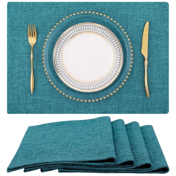 decorUhome Placemats Set of 4 - Cotton Linen Blend Washable Heat Resistant Dining Table Mats, Teal, 13" x 19"