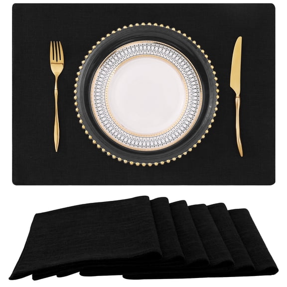 decorUhome Placemats Set of 6 - Cotton Linen Blend Washable Heat Resistant Dining Table Mats, Black, 13" x 19"