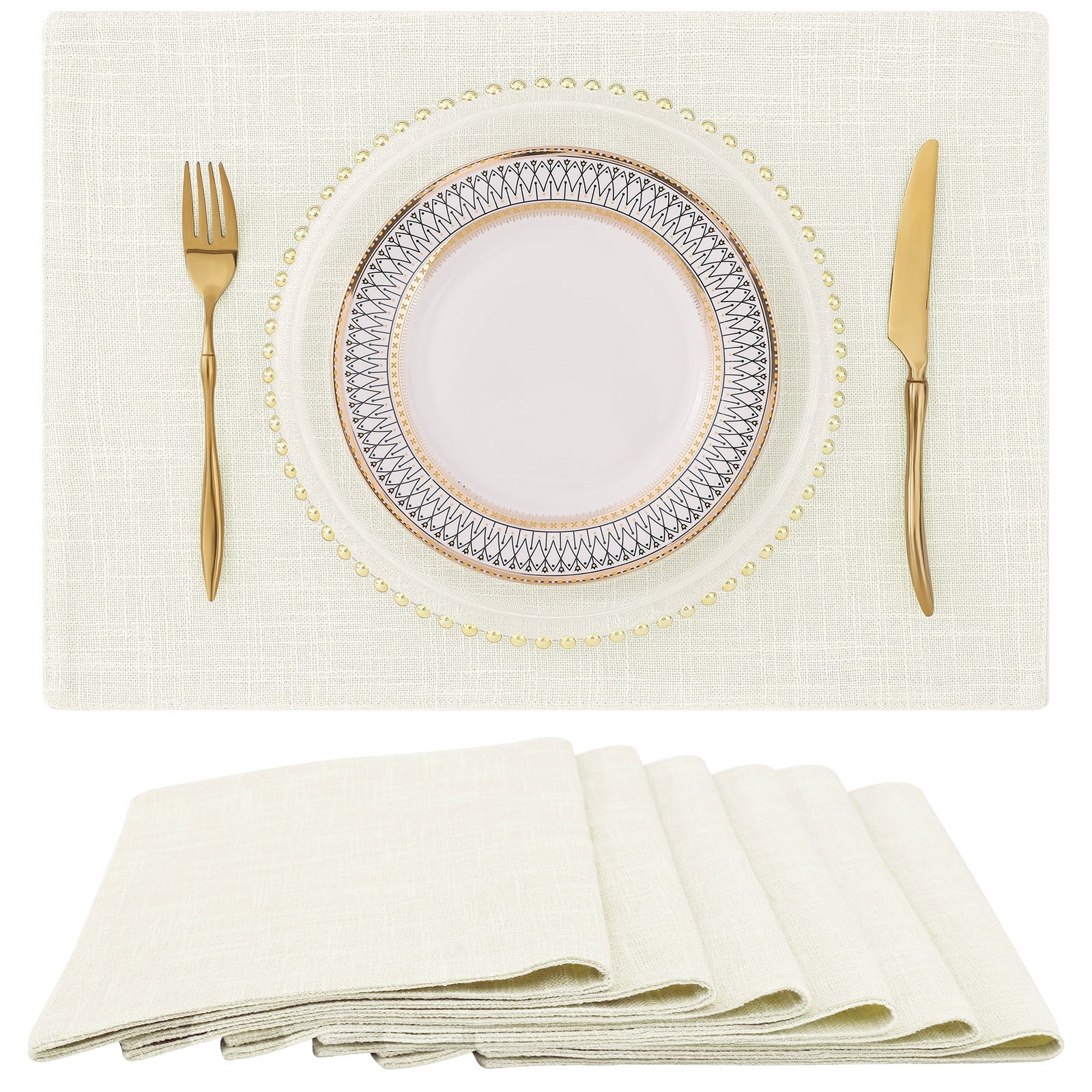 decorUhome Placemats Set of 6 - Cotton Linen Blend Washable Heat Resistant Dining Table Mats, Cream, 13" x 19"