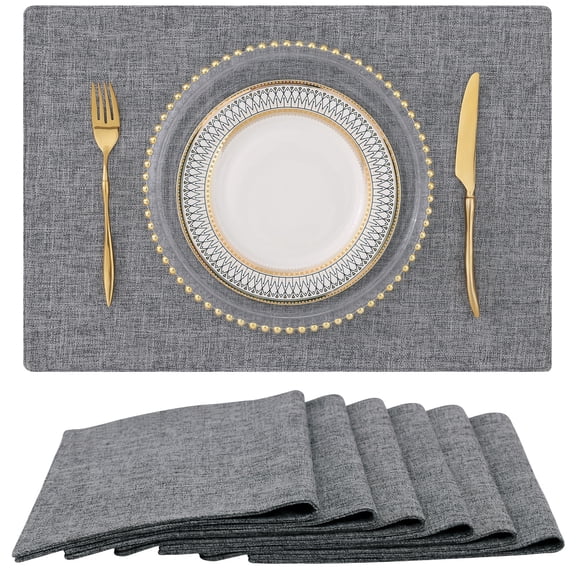 decorUhome Placemats Set of 6 - Cotton Linen Blend Washable Heat Resistant Dining Table Mats, Dark Grey, 13" x 19"