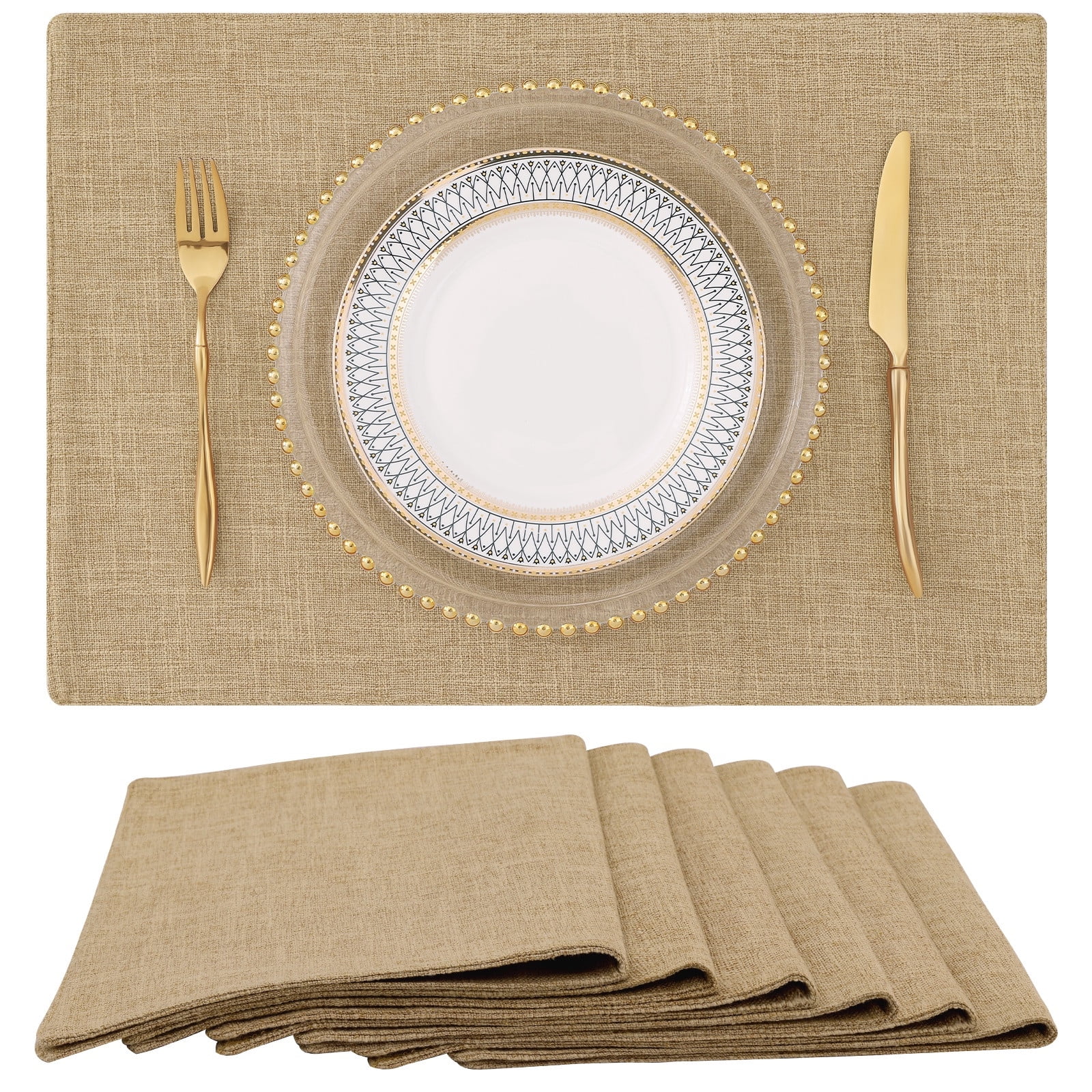 decorUhome Placemats Set of 6 - Cotton Linen Blend Washable Heat Resistant Dining Table Mats, Linen, 13" x 19"