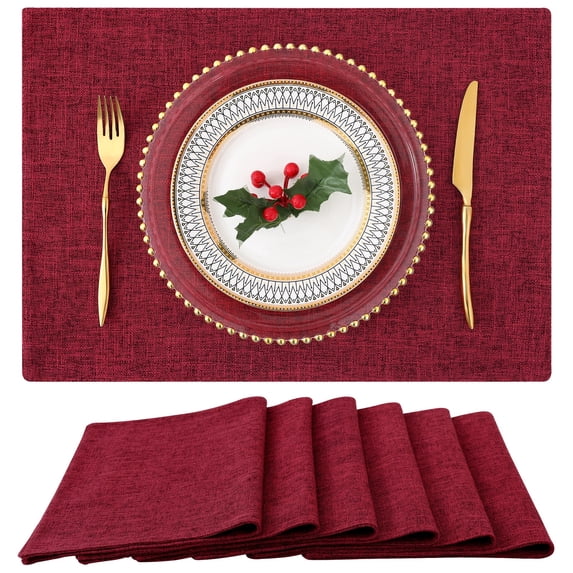 decorUhome Placemats Set of 6 - Cotton Linen Blend Washable Heat Resistant Dining Table Mats, Red, 13" x 19"