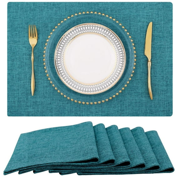 decorUhome Placemats Set of 6 - Cotton Linen Blend Washable Heat Resistant Dining Table Mats, Teal, 13" x 19"