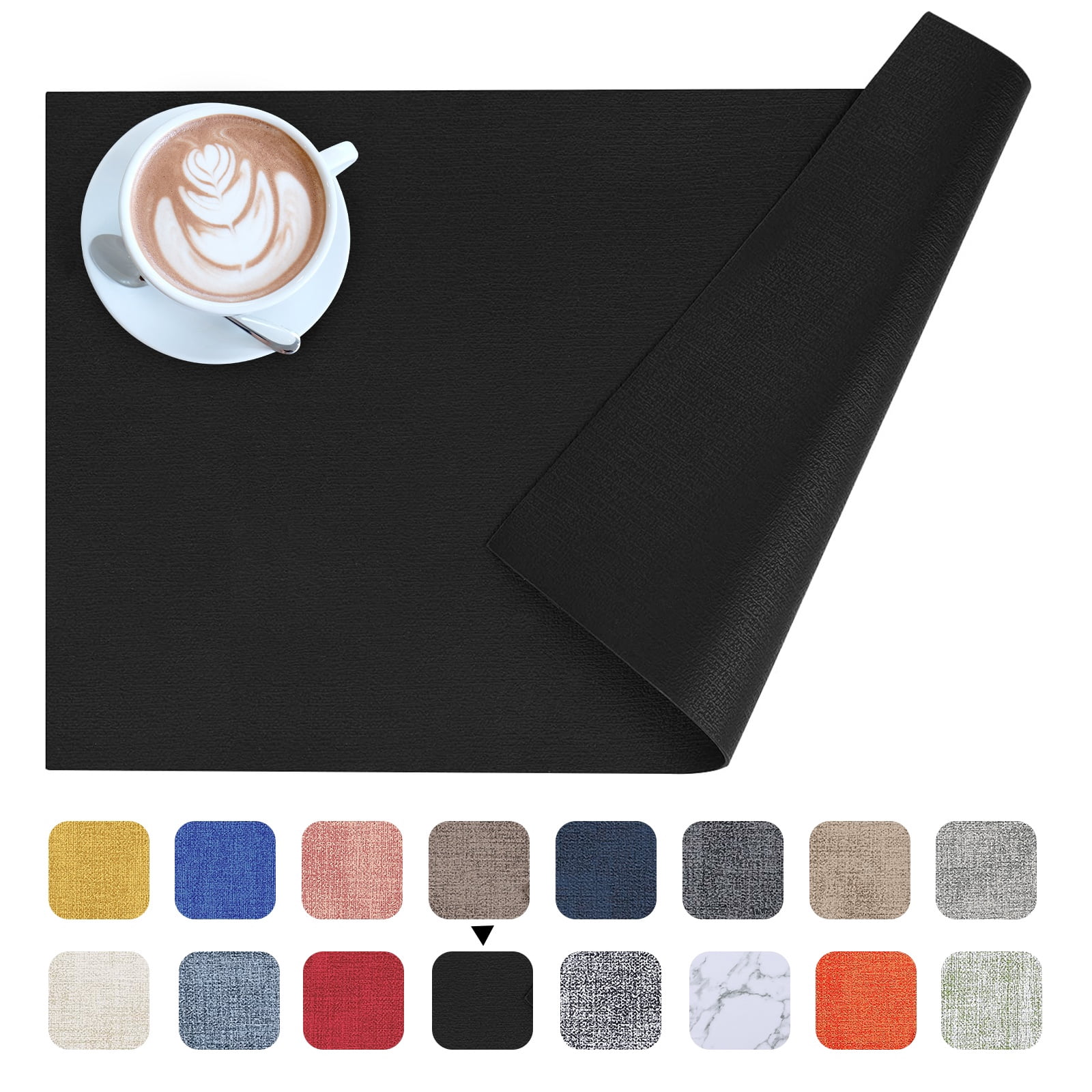 decorUhome Placemats Set of 6, Heat Resistant PU Faux Leather Table Mats, 11.8" x 17", Black