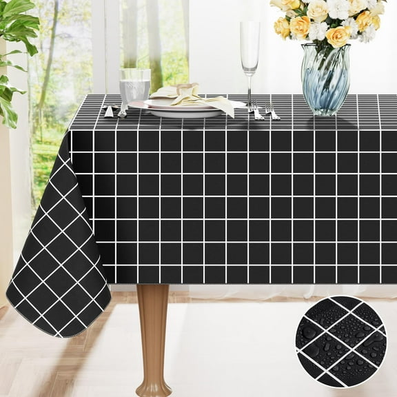 decorUhome Plaid Plastic Tablecloth for Rectangle Table, Waterproof Vinyl Table Cloth, Wipeable Indoor and Outdoor Table Cover, 52" x 70", Black