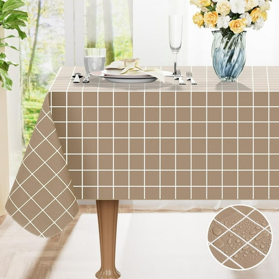 decorUhome Plaid Plastic Tablecloth for Rectangle Table, Waterproof Vinyl Table Cloth, Wipeable Indoor and Outdoor Table Cover, 52" x 70", Khaki