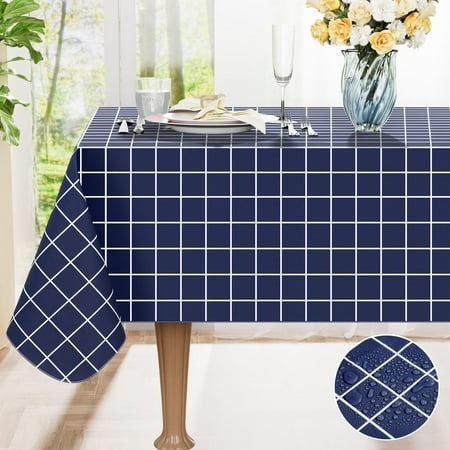 decorUhome Plaid Plastic Tablecloth for Rectangle Table, Waterproof Vinyl Table Cloth, Wipeable Indoor and Outdoor Table Cover, 52" x 70", Navy
