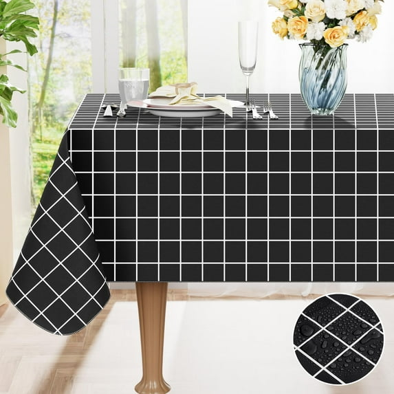 decorUhome Plaid Plastic Tablecloth for Rectangle Table, Waterproof Vinyl Table Cloth, Wipeable Indoor and Outdoor Table Cover, 60" x 84", Black