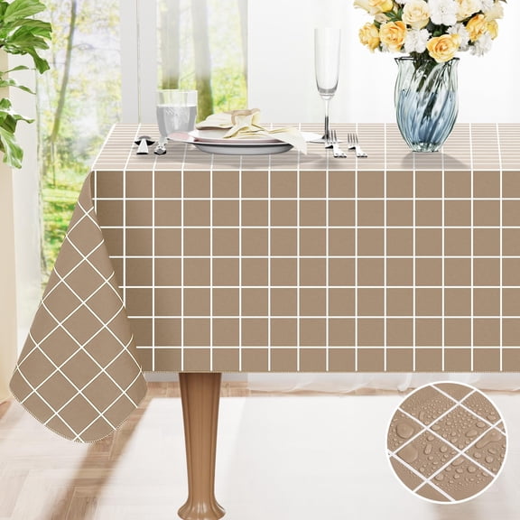 decorUhome Plaid Plastic Tablecloth for Rectangle Table, Waterproof Vinyl Table Cloth, Wipeable Indoor and Outdoor Table Cover, 60" x 84", Khaki