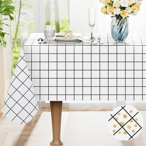 decorUhome Plaid Plastic Tablecloth for Rectangle Table, Waterproof Vinyl Table Cloth, Wipeable Indoor and Outdoor Table Cover, 60" x 84", White
