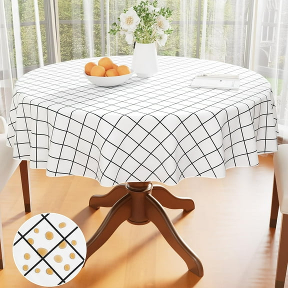decorUhome Plaid Plastic Tablecloth for Round Table, Waterproof Vinyl Table Cloth, Wipeable Indoor and Outdoor Table Cover, 60" Round, White