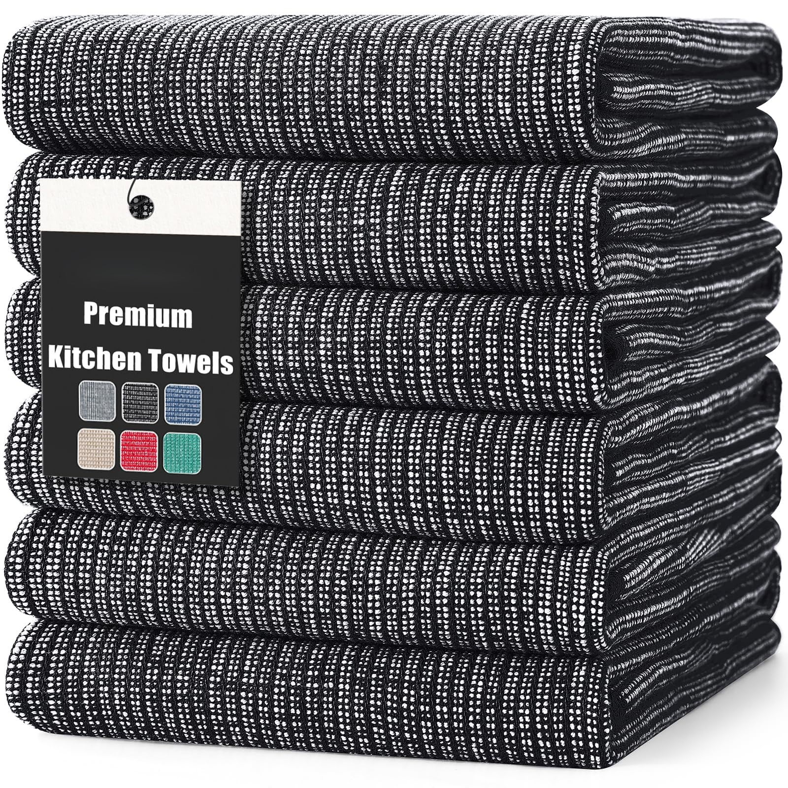 decorUhome Premium Kitchen Towels(18"x 28", 6 Pack), Large Cotton Kitchen Hand Towels, Black
